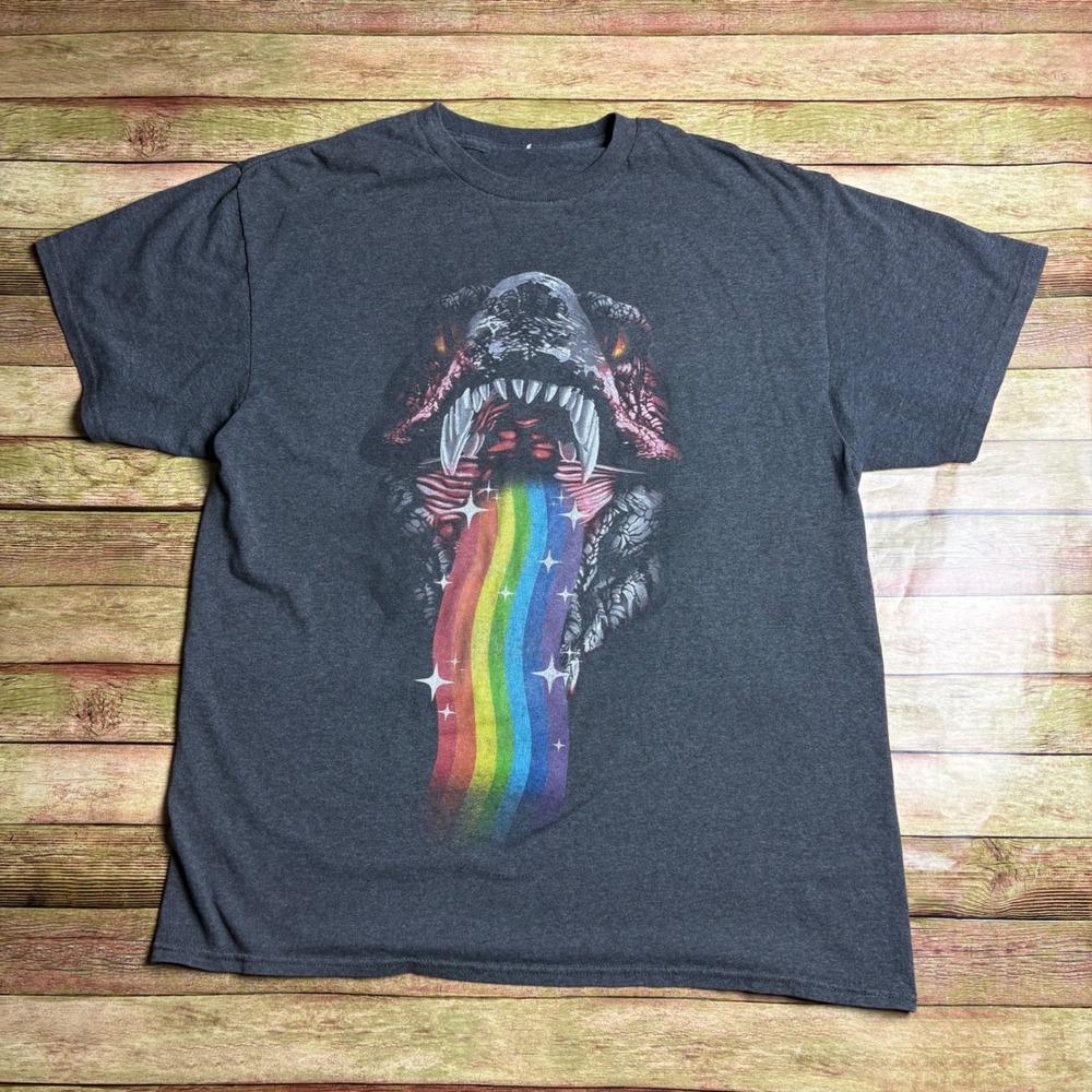 Psychedelic T-Rex Vomiting Rainbow Graphic T-Shirt Dark Gray Unisex Size Large